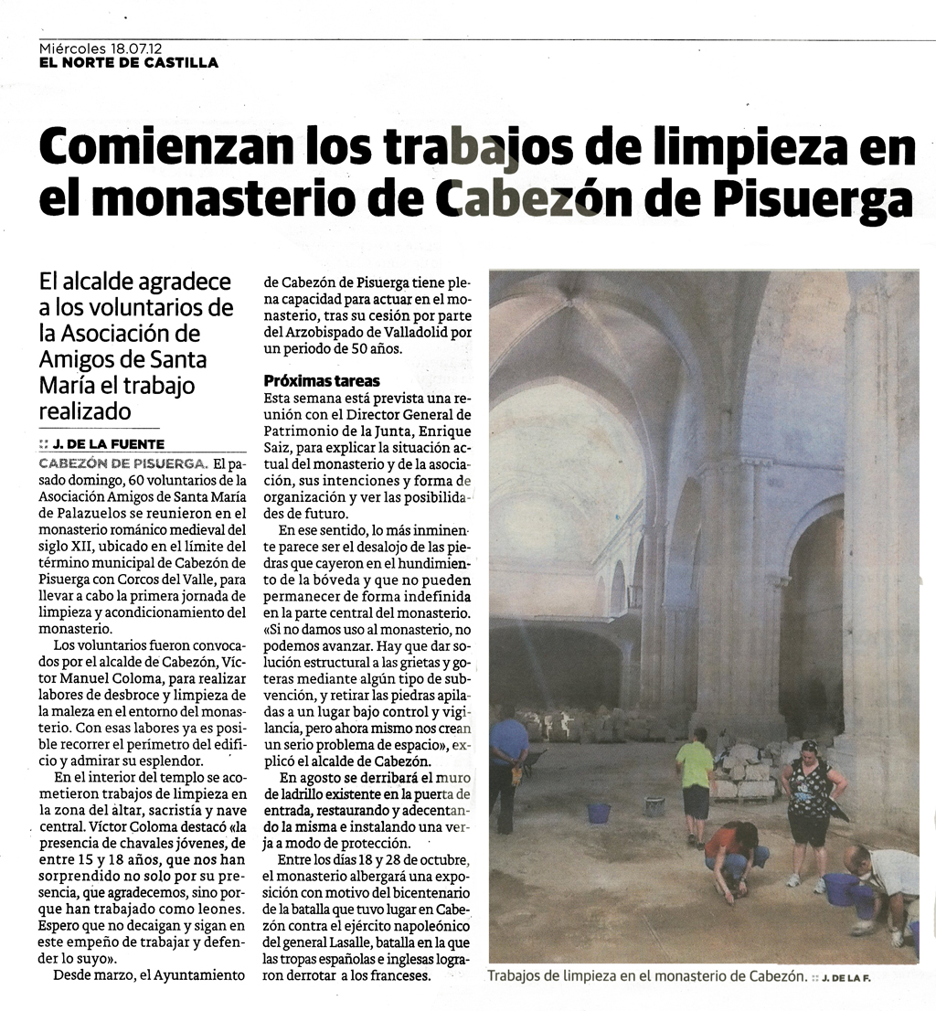 Agradecimiento a los participantes en la I Jornada de limpieza del Monasterio de Palazuelos