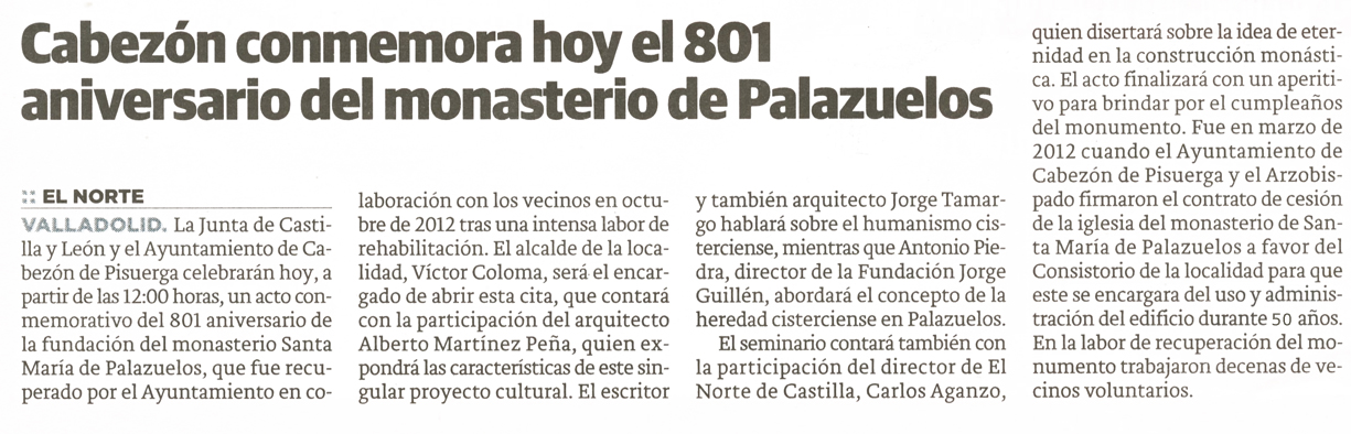 Palazuelos cumple 801 años en plena transformación cultural, social y turística. Artículo del periódico “El Norte de Castilla»